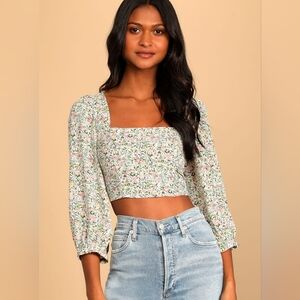 Lulus Even Sweeter Floral Square Neck Top in White Floral Print L